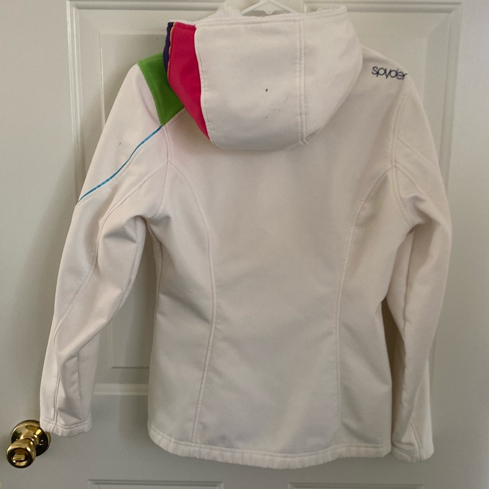 Spyder Women’s White Soft Shell Fleece Lined Jacket with Colorblock Hood. Medium - Picture 7 of 14